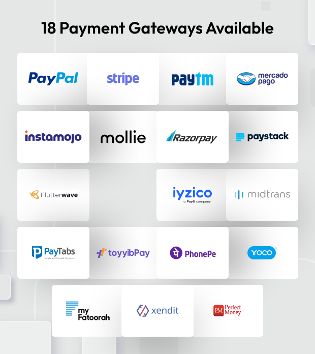 18 Payment Gateways Available